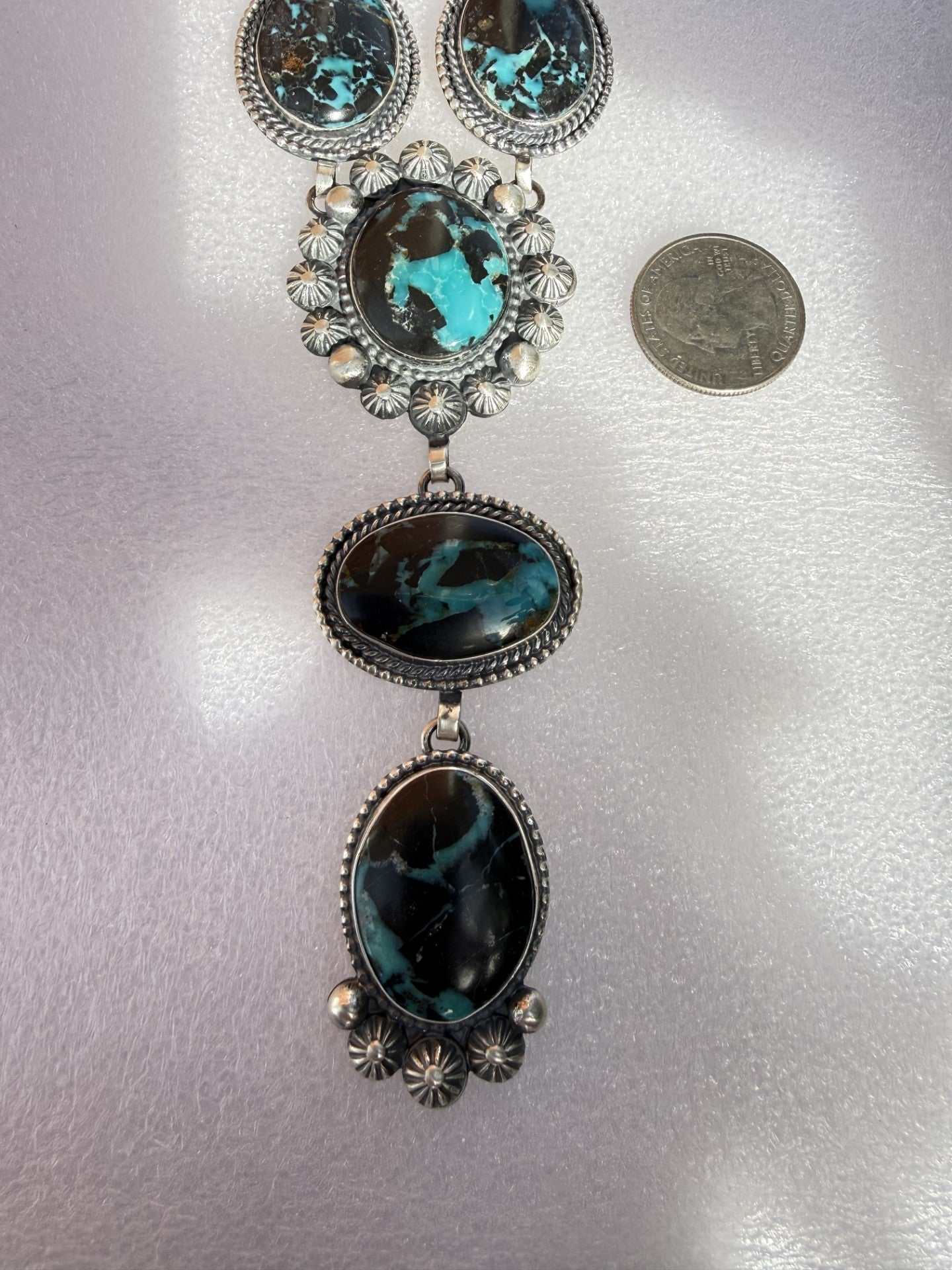 Black Jack Turquoise Lariat Necklace by Native American artist Mary Ellen with black and blue stones