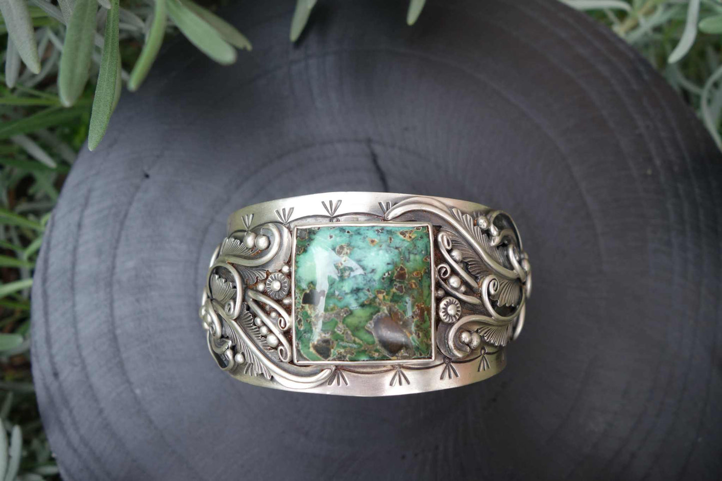 Sterling silver cuff with a square blue moon turquoise stone by Native American artist Mark Yazzie.