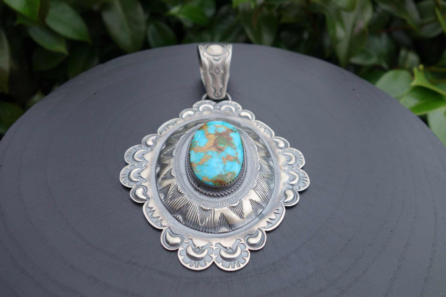 Royston Turquoise Pendant, Native American design, silver setting, Roland Dixson creation.