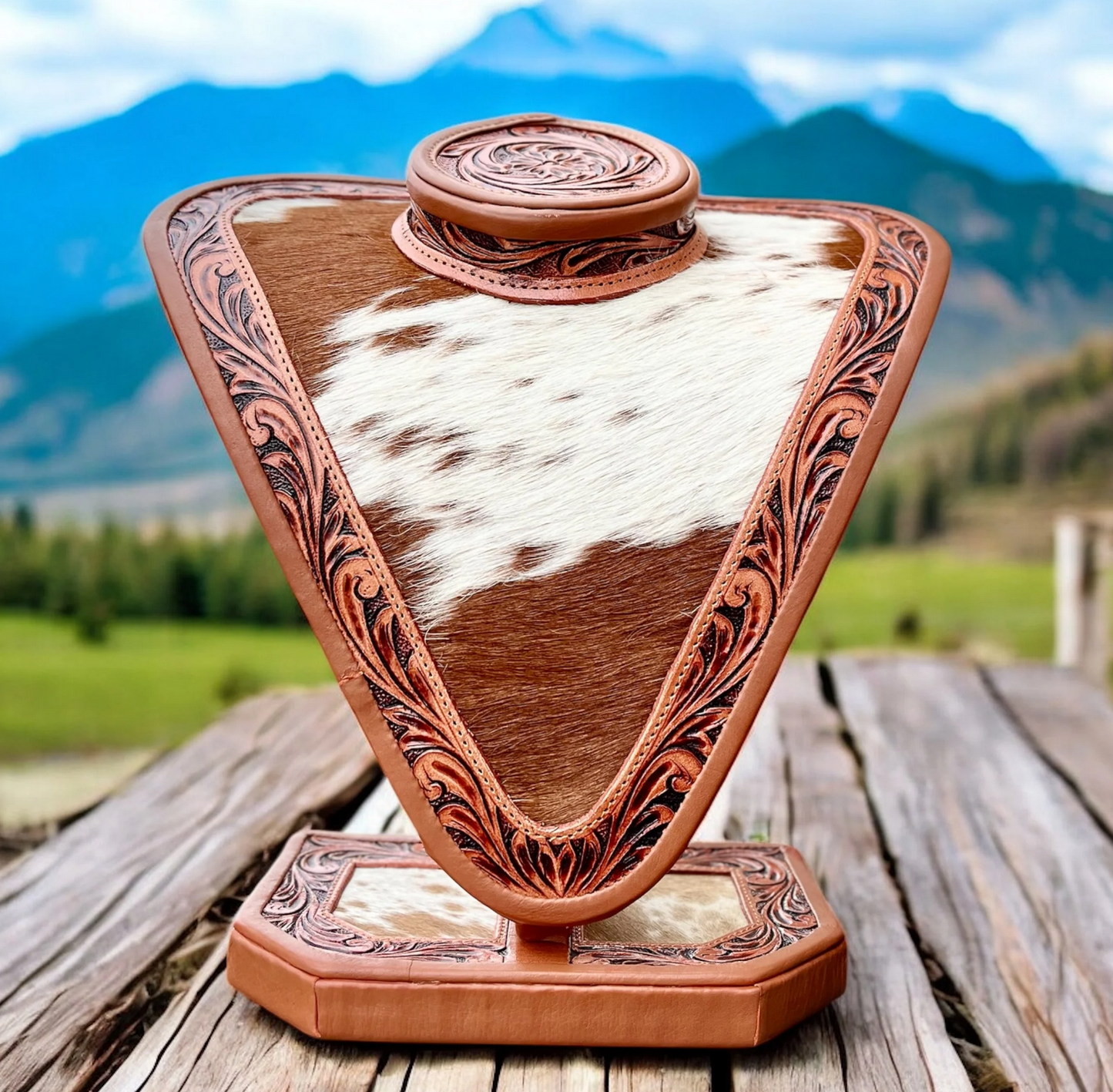 Brown tooled leather and cowhide necklace display with decorative floral patterns on wooden surface outdoors
