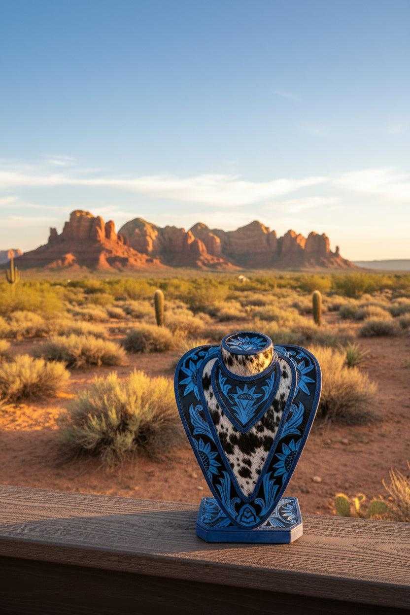 Blue hand tooled leather and cowhide necklace display stand