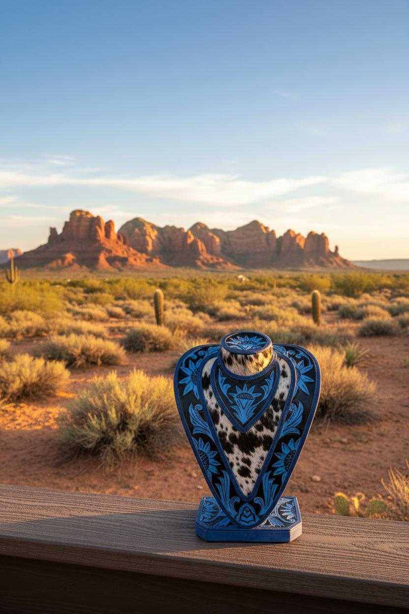 Blue hand tooled leather and cowhide necklace display stand