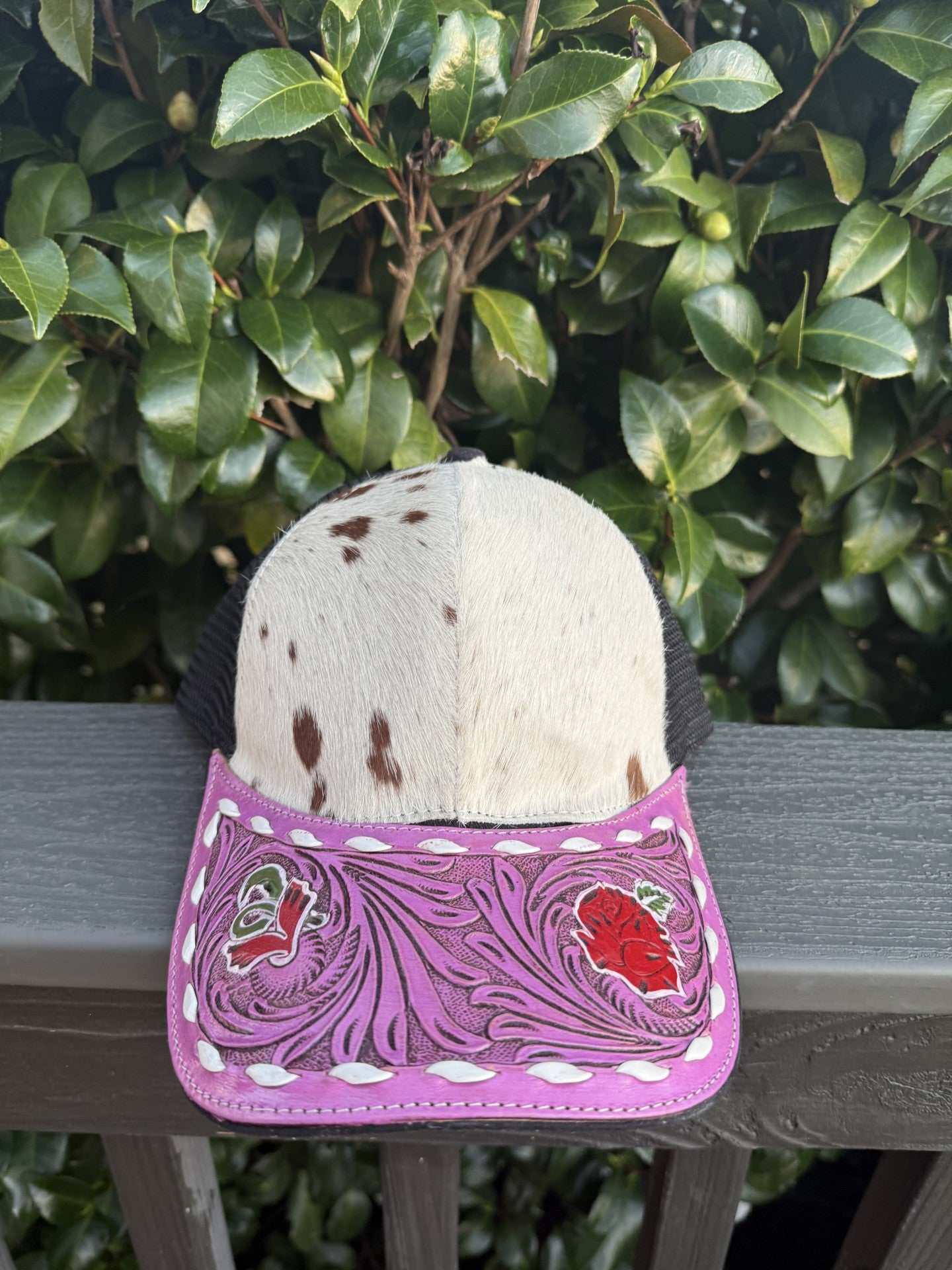 Cowhide all tooled pink rose cap with floral leather design and adjustable strap