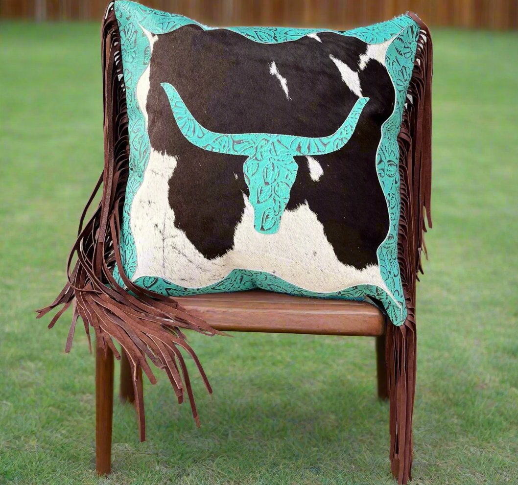 Pillow Bull Tooled Leather with cowhide pattern and brown leather fringe on edges, rustic home decor cushion 17x17 inches