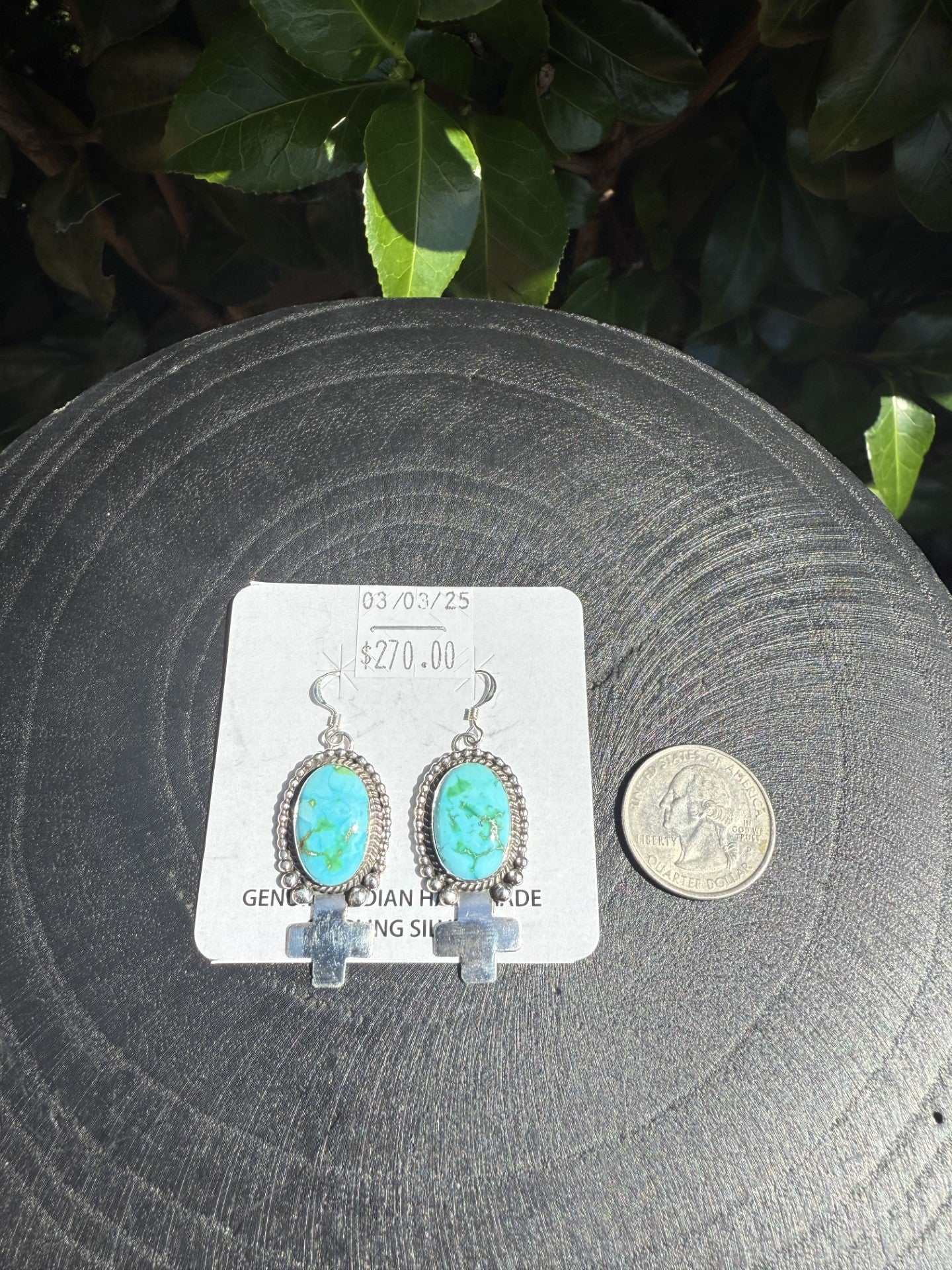 Handcrafted Navajo Sonoran Turquoise Earrings in sterling silver with Zia designs and raindrop accents