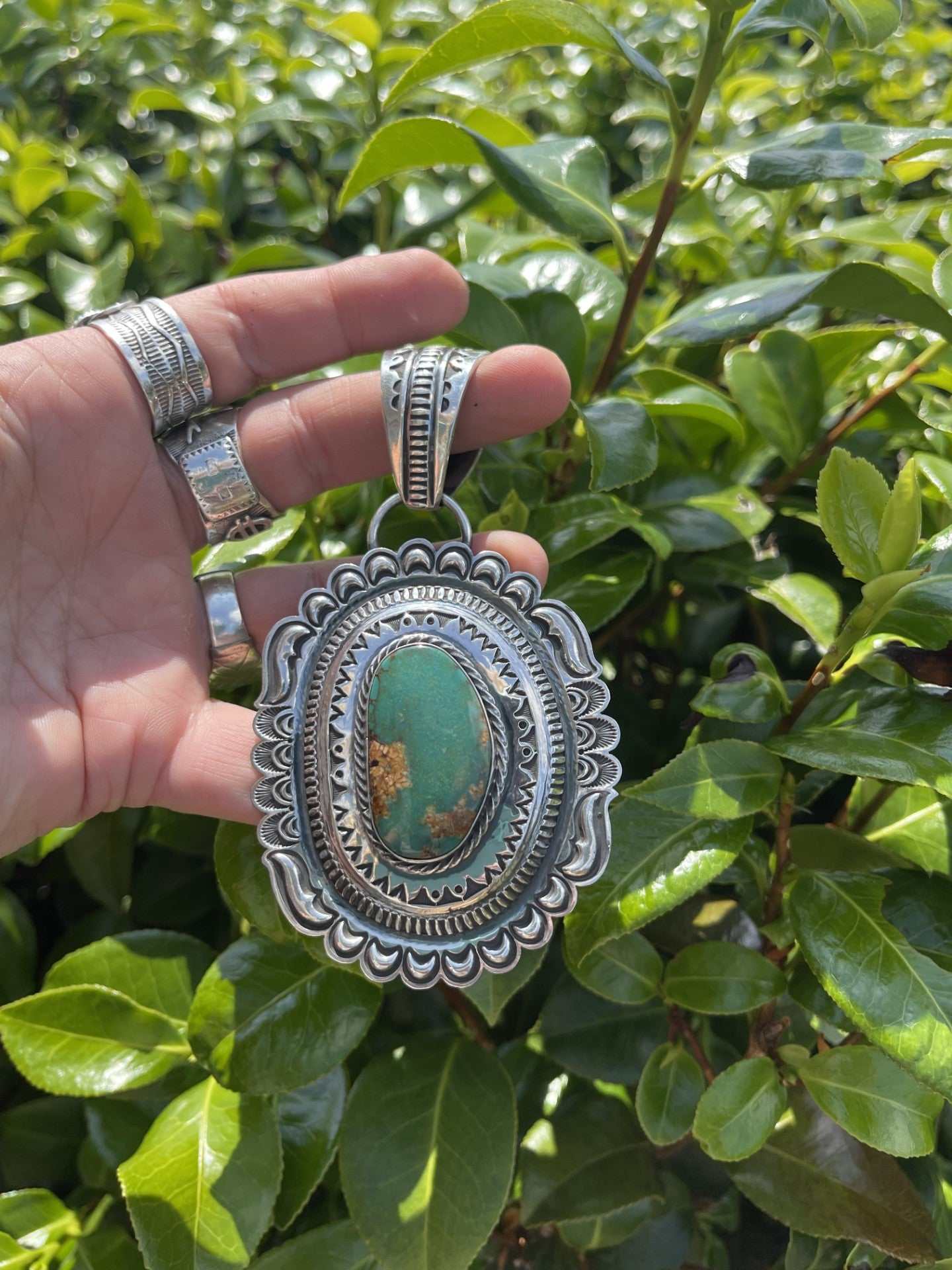 Native American green Pilot Mountain turquoise pendant with ornate silver setting held against green leaves background