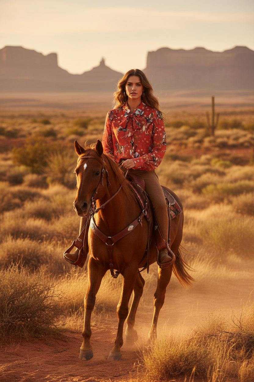 Red cowboy mesh blouse with western print and balloon sleeves