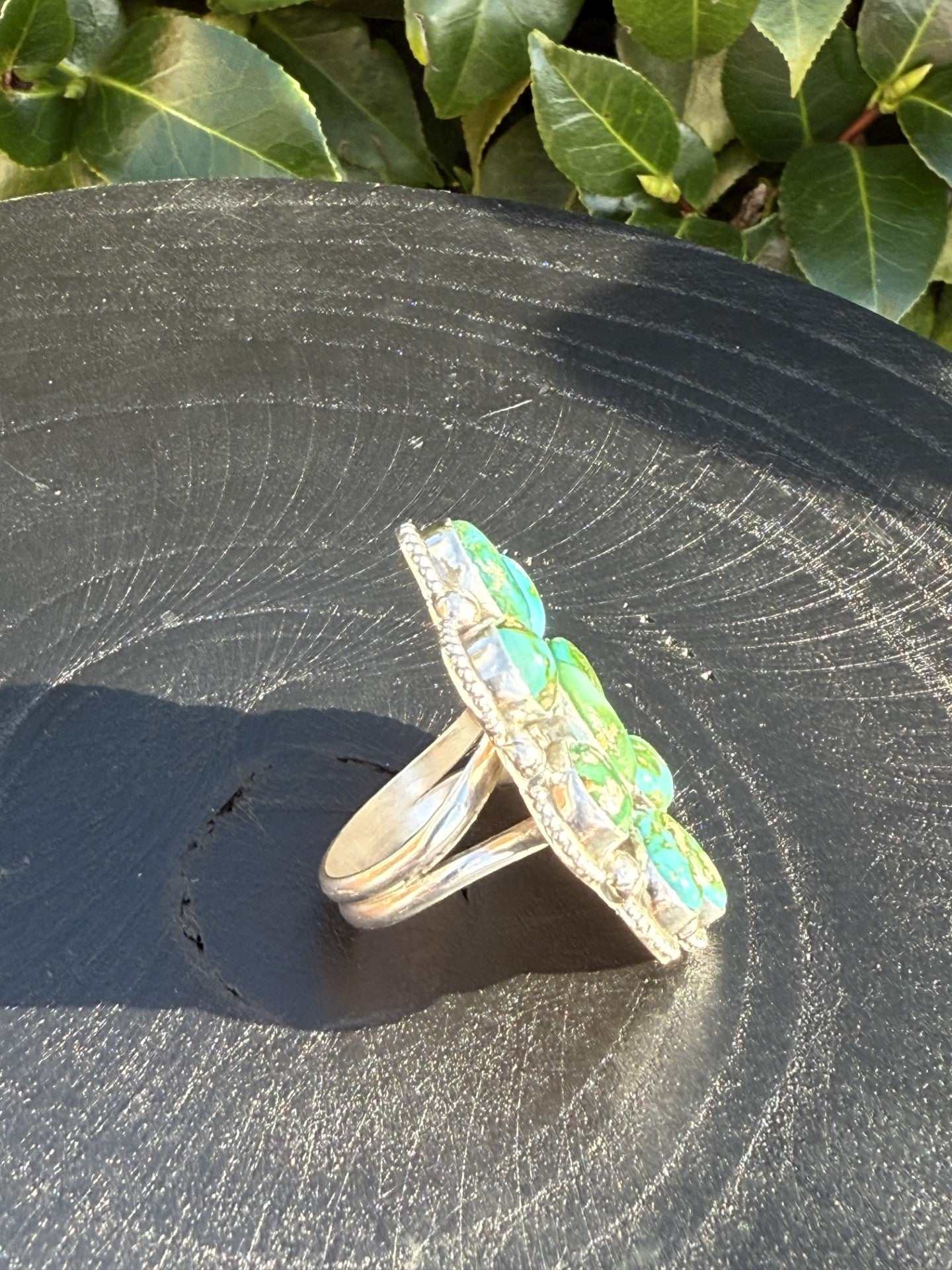Sonoran Gold Cluster Ring by Shelia Becenti with blues, greens, and browns, size 10 Navajo jewelry