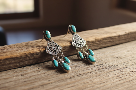Native American turquoise earrings with silver geometric patterns and dangling teardrop turquoise stones, showcasing More Than an Adornment: The Enduring Beauty and Versatility of Native American Turquoise Earrings