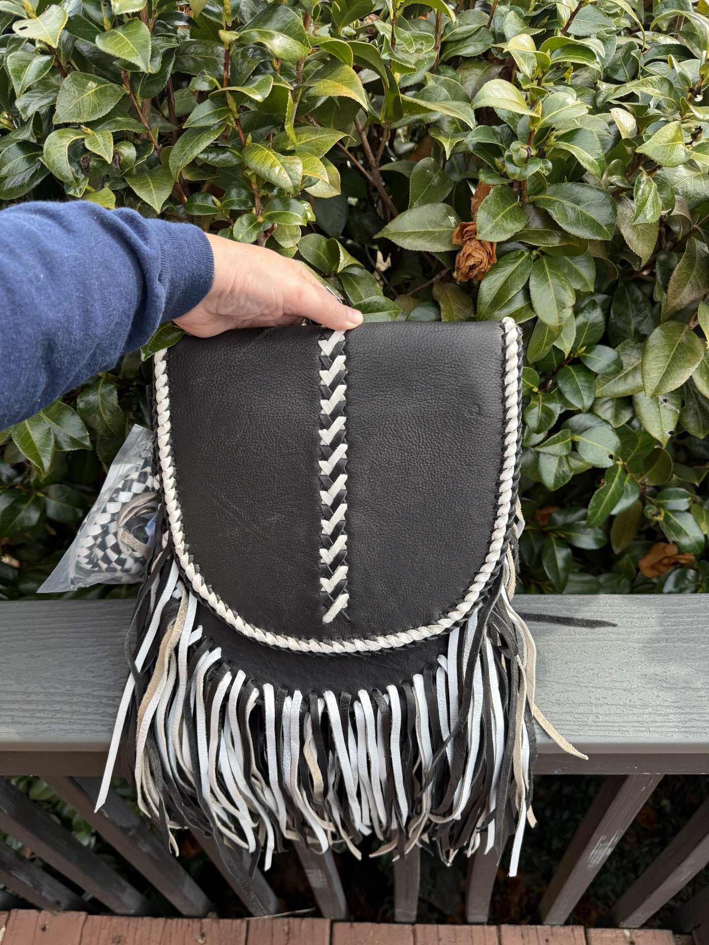 Leather black-white fringe crossbody bag with genuine cowhide leather and braided strap