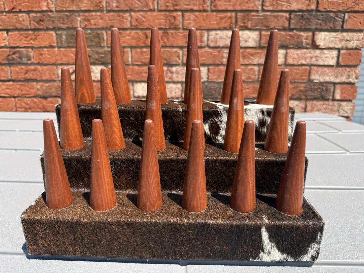 Handcrafted 18 finger cowhide ring holder for jewelry display