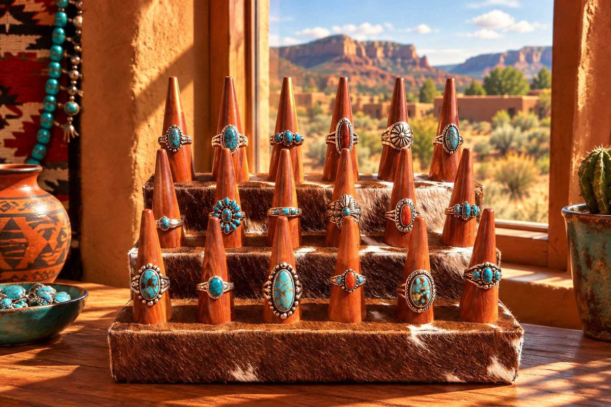 18 Finger Cowhide ring holder with brown fur-covered base, wooden fingers, and turquoise and silver rings displayed