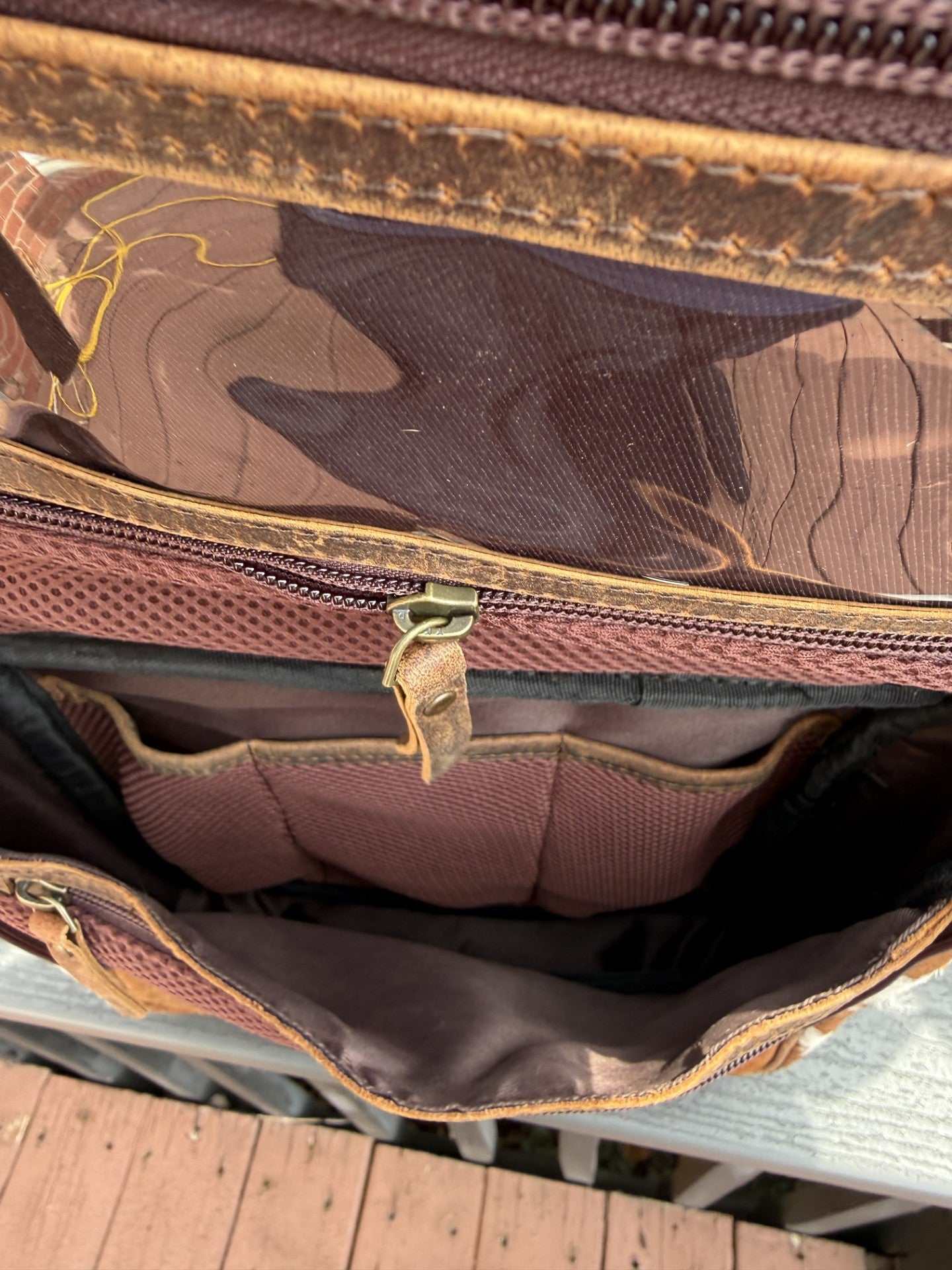 Tooled & cowhide hanging toiletry bag with handcrafted leather and hanging hook for travel and gym organization