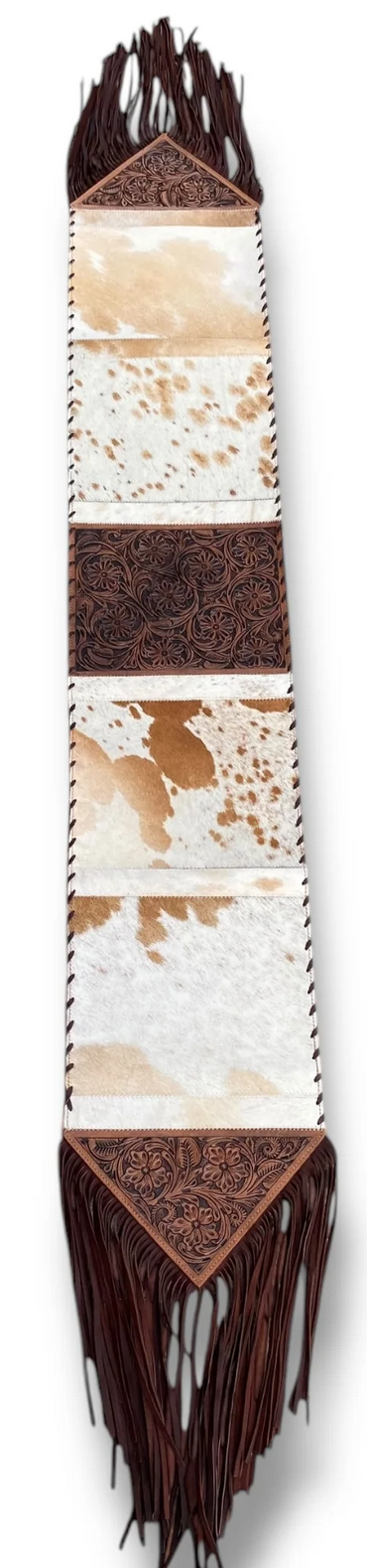 6ft cowhide leather table runner with unique patterns and rustic elegance.