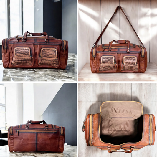 Basketweave tooled leather duffle bag