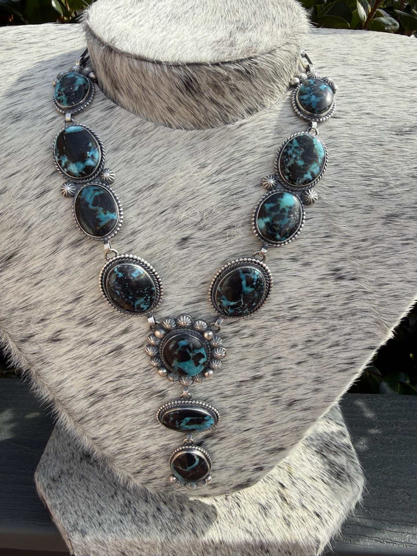 Black Jack Turquoise Lariat Necklace with black and blue stones by Native American artist Mary Ellen
