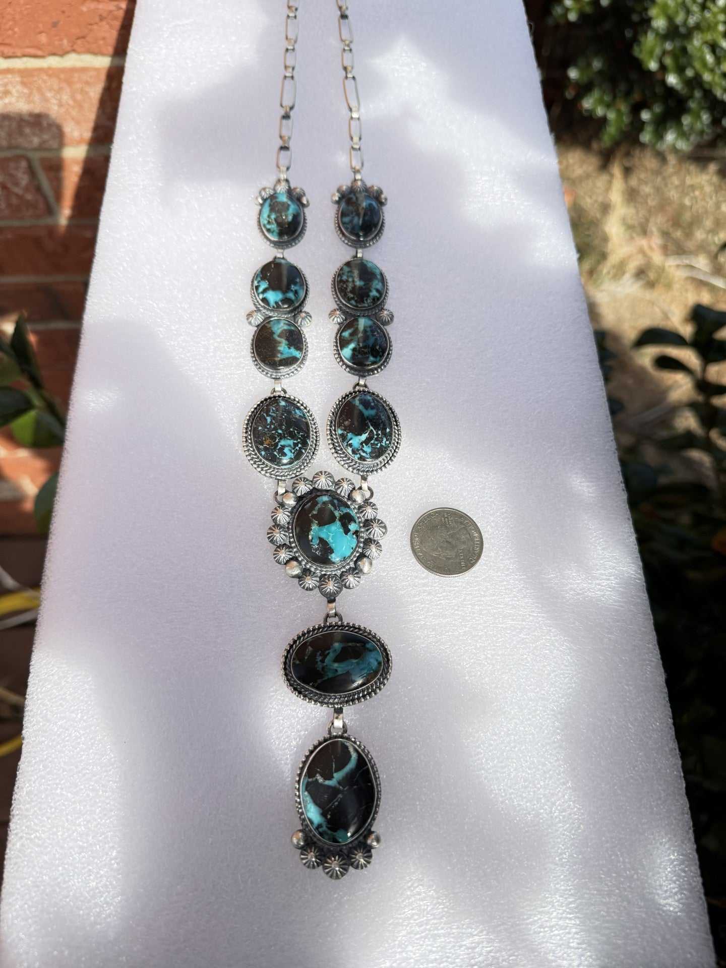 Black Jack Turquoise Lariat Necklace by Native American artist Mary Ellen with black and blue stones