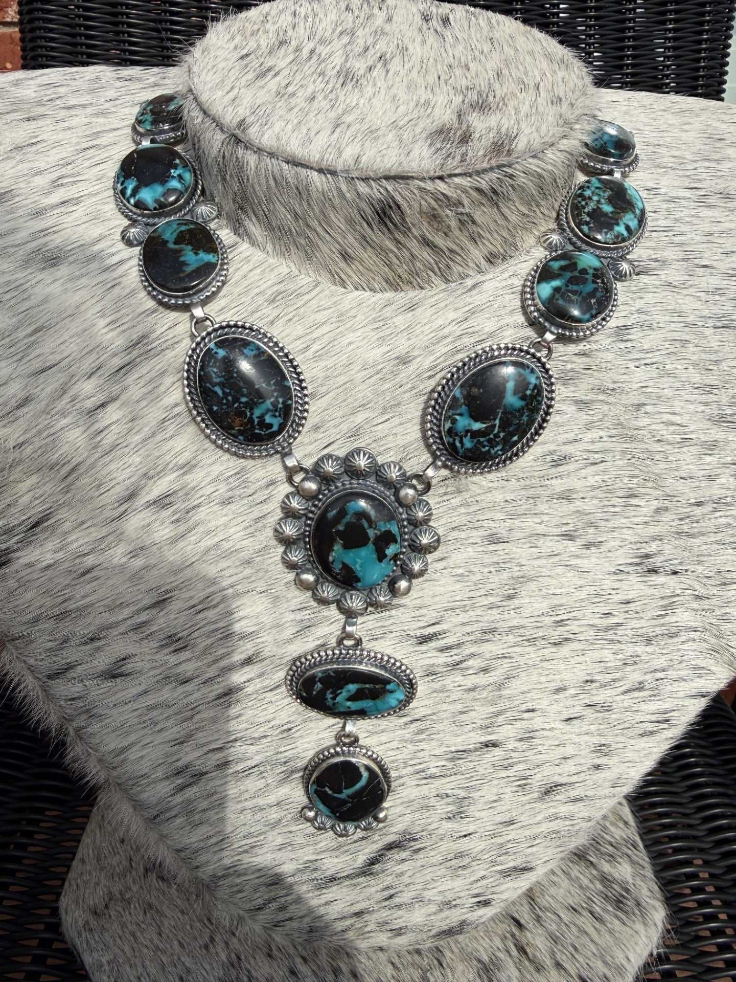 Black Jack Turquoise Lariat Necklace with black and blue stones by Native American artist Mary Ellen