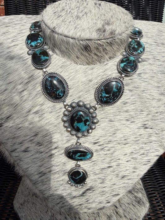 Black Jack Turquoise Lariat Necklace with black and blue stones by Native American artist Mary Ellen