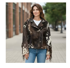 Brown cowhide jacket with fringe medium size worn by woman outdoors
