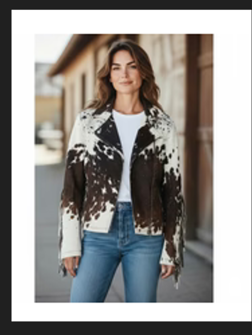 Brown cowhide jacket with fringe in size 2XL worn with jeans