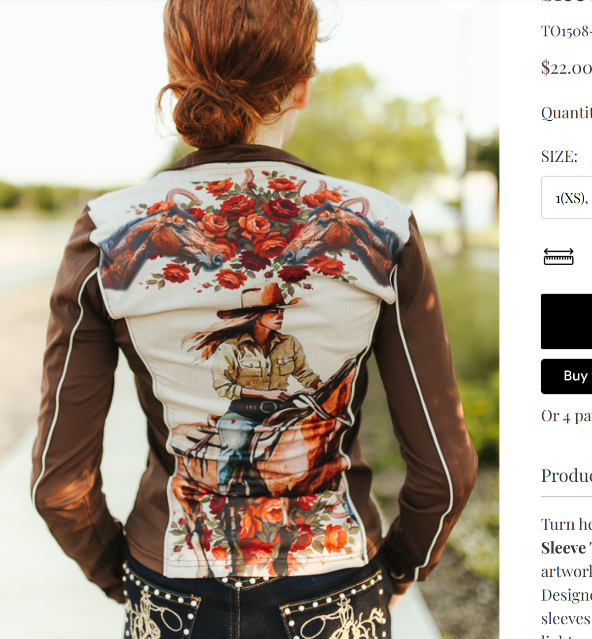 Cowgirl Horse Floral Printed quarter zip top with brown sleeves and a large cowgirl-on-horseback floral back print
