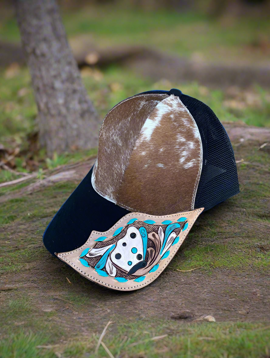 Cowhide half tooled butterfly cap with leather detailing and adjustable strap in western style