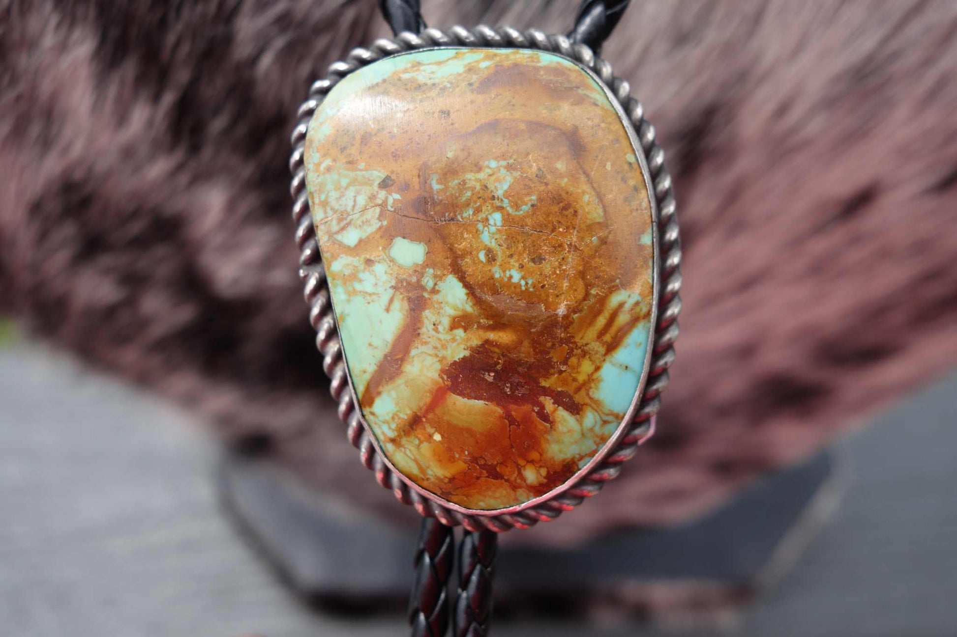 Native American Bolo with Kingman Turquoise by Michael Gleason, 2x1.5 inches