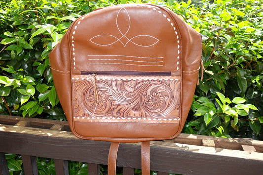 Dark Brown BootStitch Leather Large Backpack with intricate crafted pocket design.