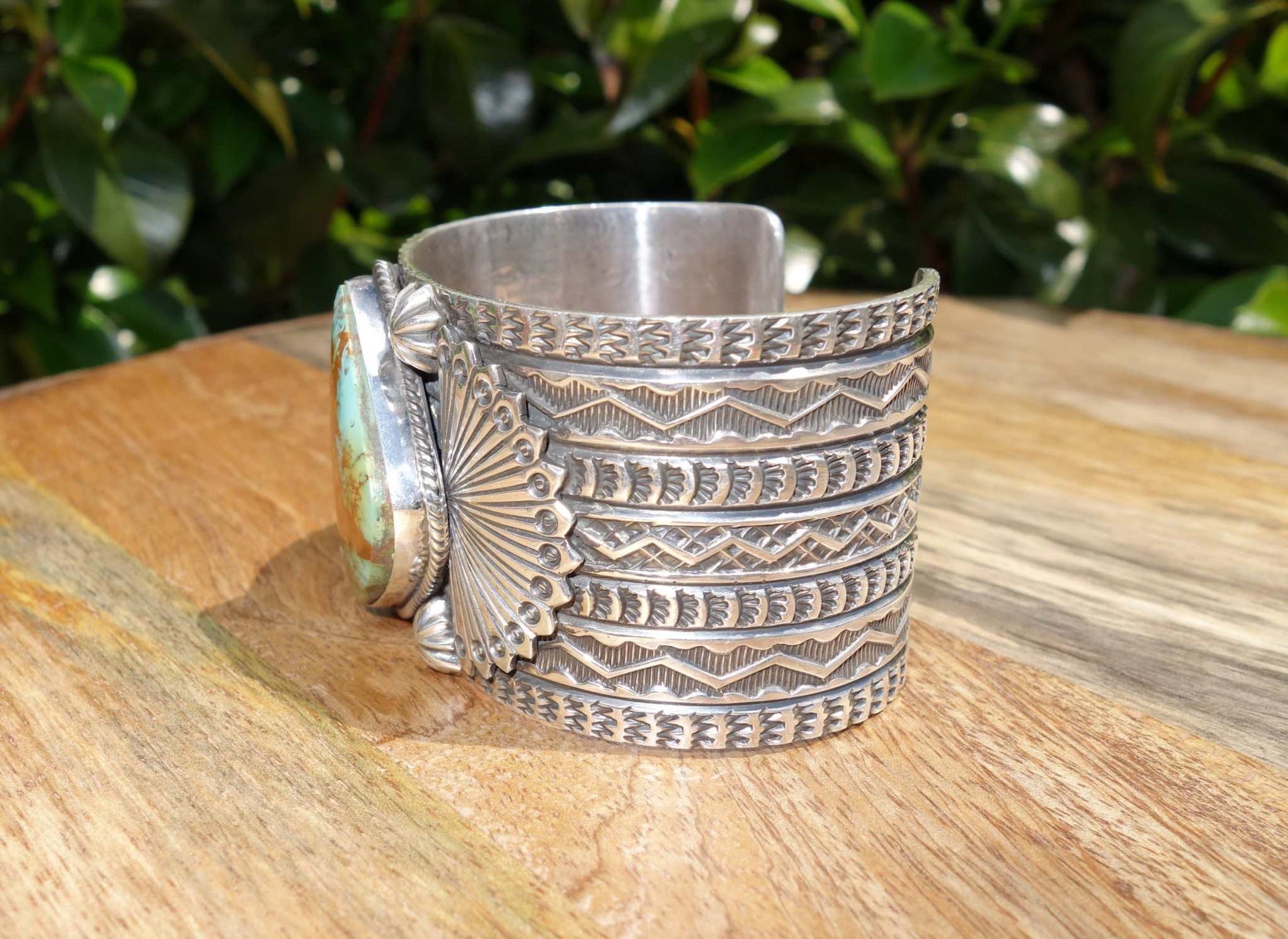 Sterling Silver Royston Turquoise cuff with intricate stamp work by Native American artist Sunshine Reeves.