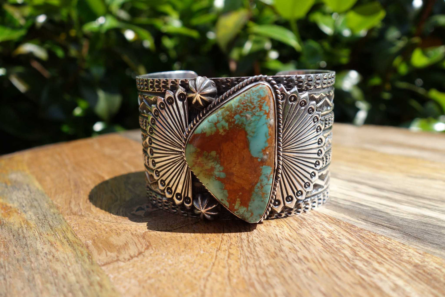 Sterling Silver Royston Turquoise cuff with intricate stamp work by Native American artist Sunshine Reeves.