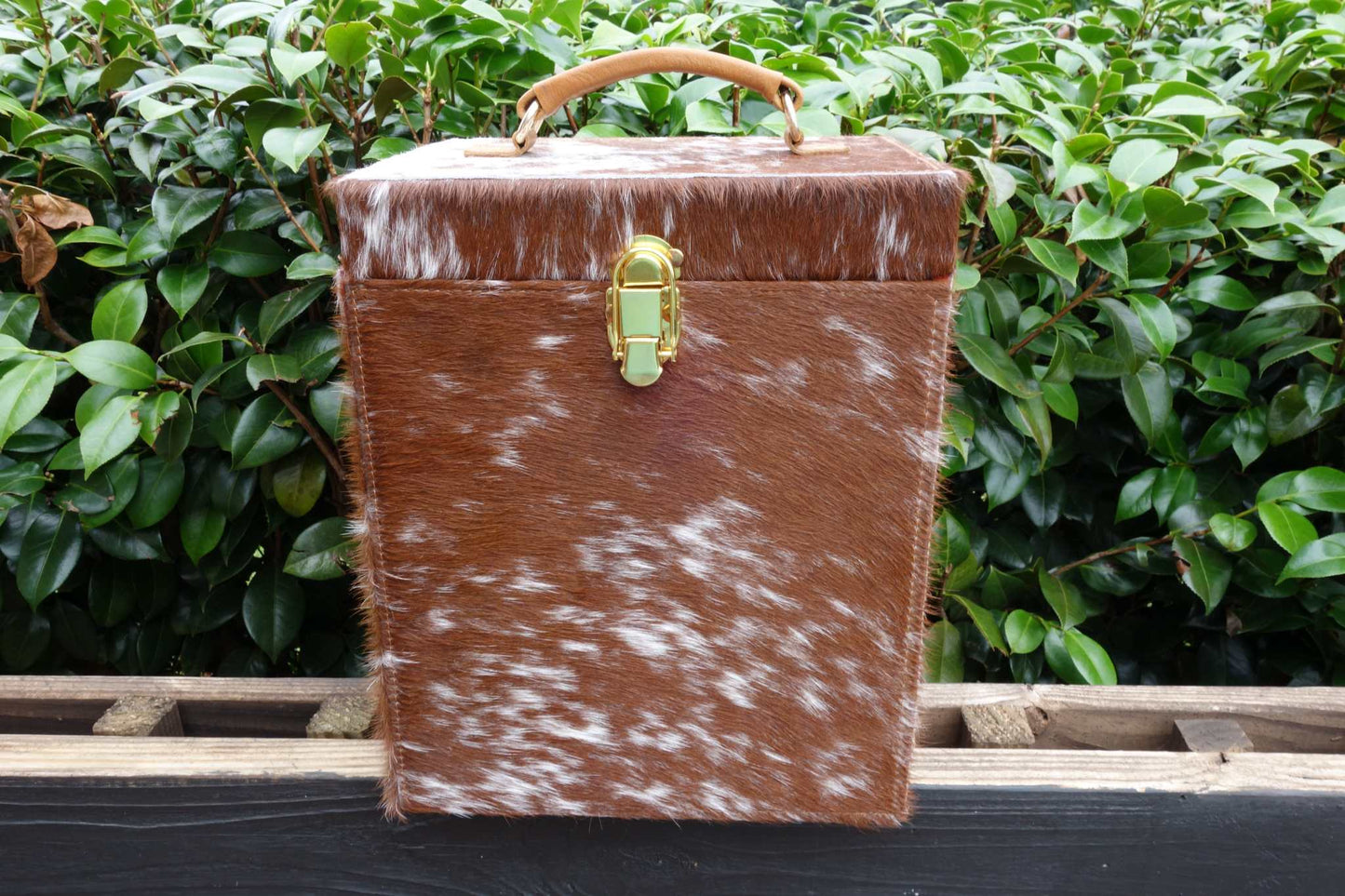 Cowhide Train Jewelry Case with handle and secure latch.