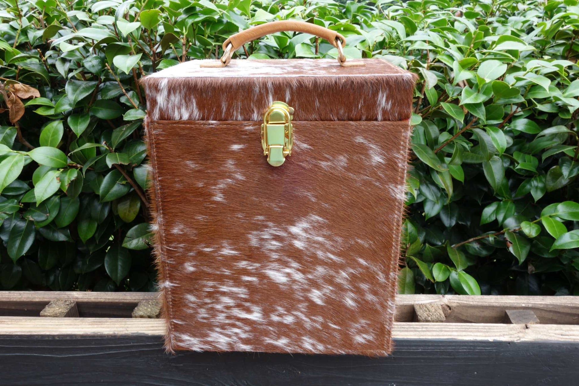 Cowhide Train Jewelry Case with handle and secure latch.