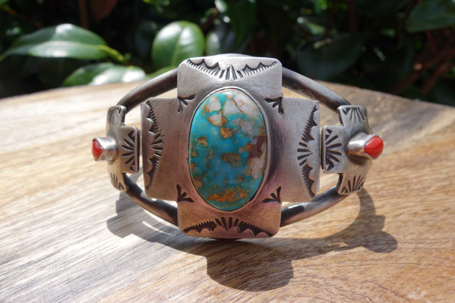 Royston and Coral Cuff by Randall Endito with turquoise and coral stones.