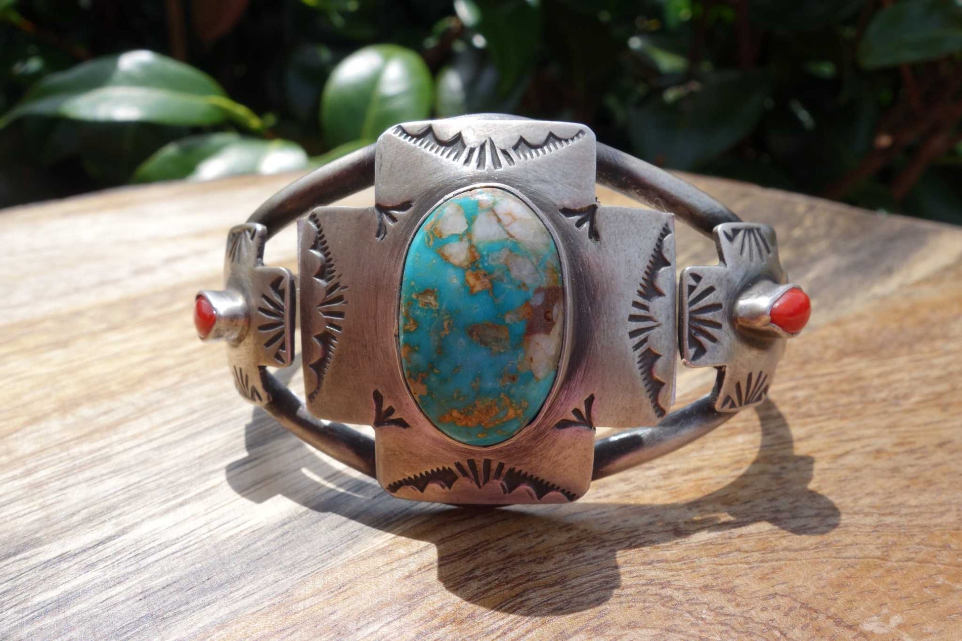 Royston and Coral Cuff by Randall Endito with turquoise and coral stones.