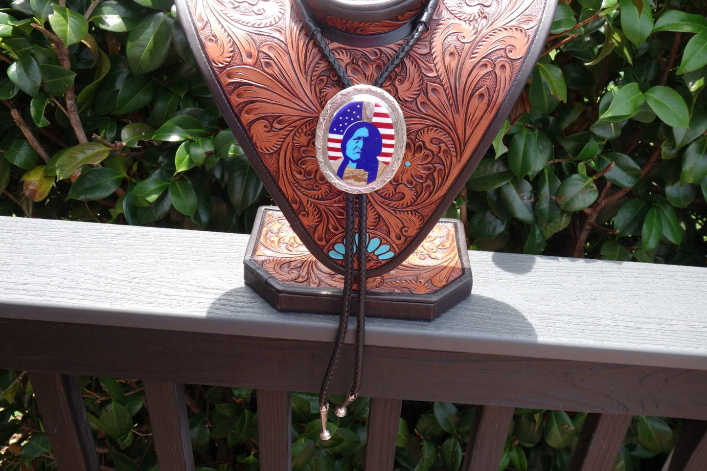 Calvin Desson Navajo handmade silver bolo tie with Sitting Bull multi inlay design and turquoise stones