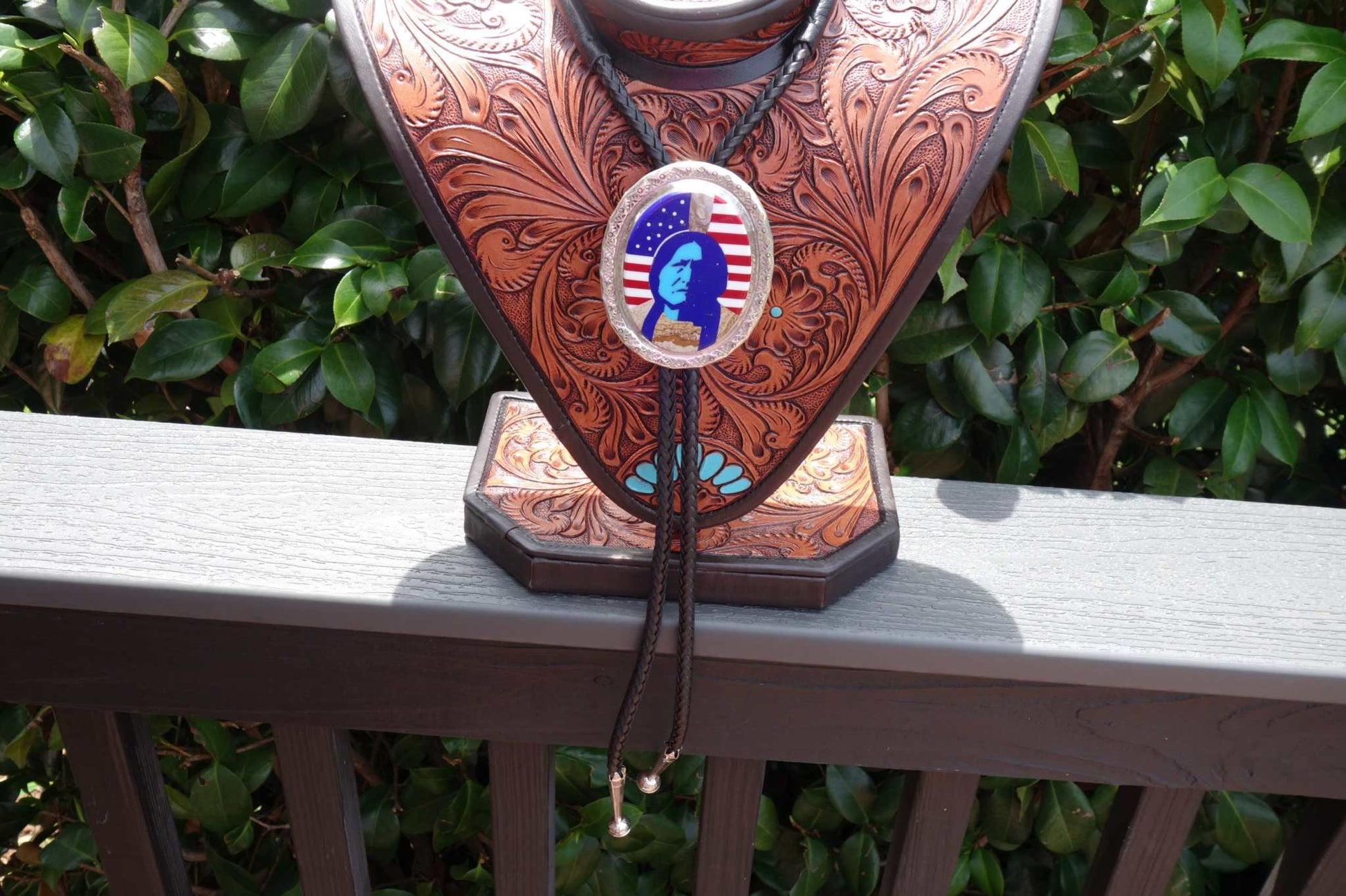 Calvin Desson Navajo handmade silver bolo tie with Sitting Bull multi inlay design and turquoise stones