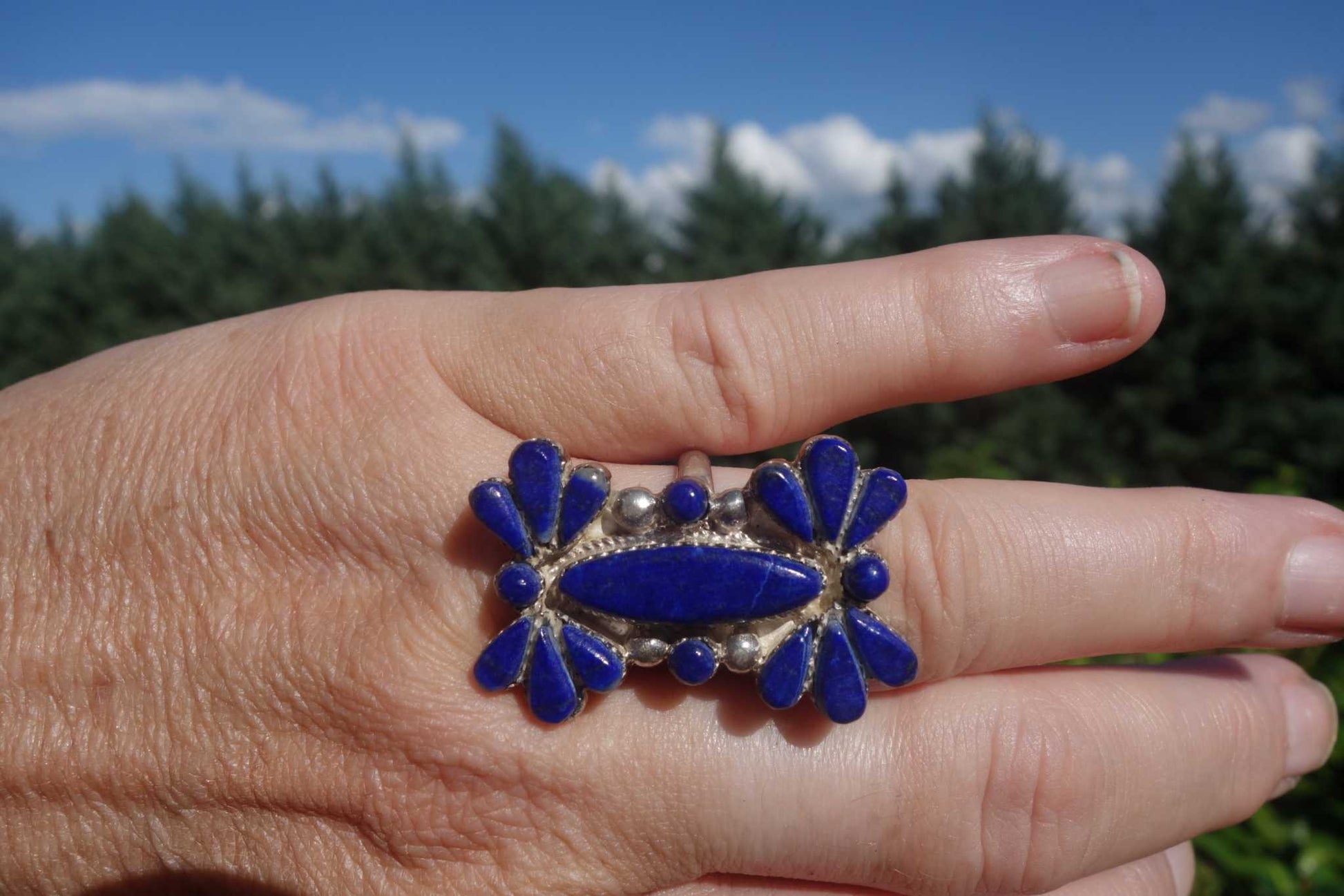 Lapis and Sterling Silver Ring by Bevis Tsadiasi, Size 8.5, Handmade Zuni Jewelry.