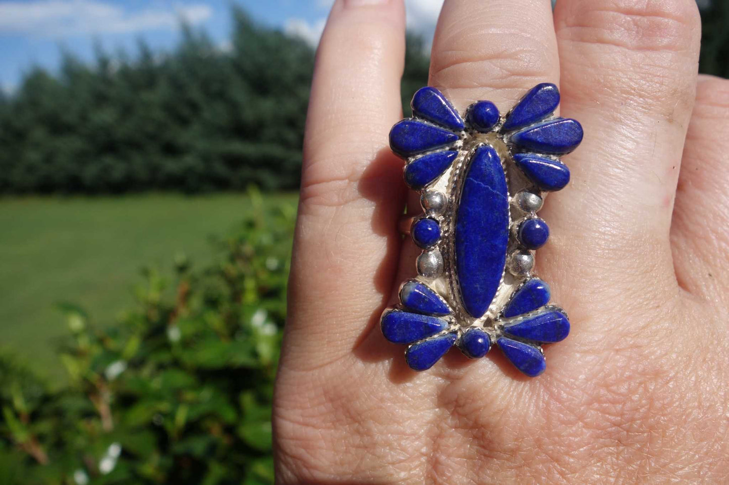 Handmade lapis and sterling silver ring by Bevis Tsadiasi, size 8.5.