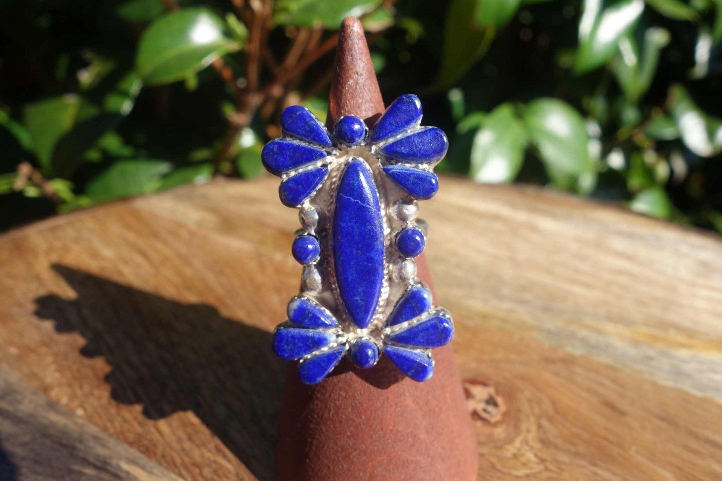 Lapis and sterling silver ring featuring intricate design by Bevis Tsadiasi, size 8.5, handmade.