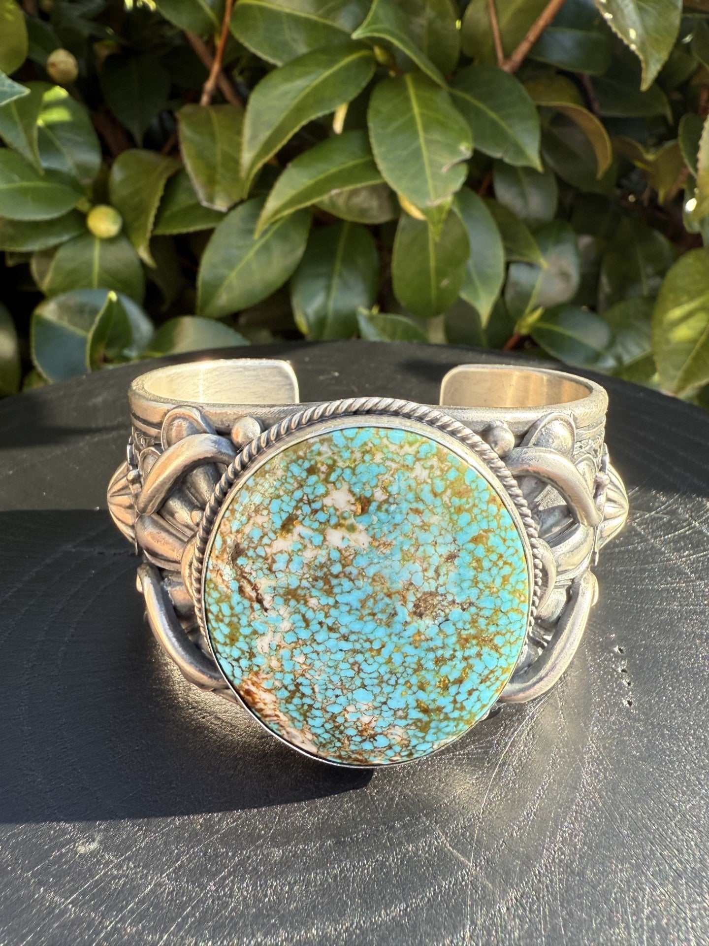 Turquoise Mountain Cuff by Derrick Gordon in ingot silver with large turquoise stone