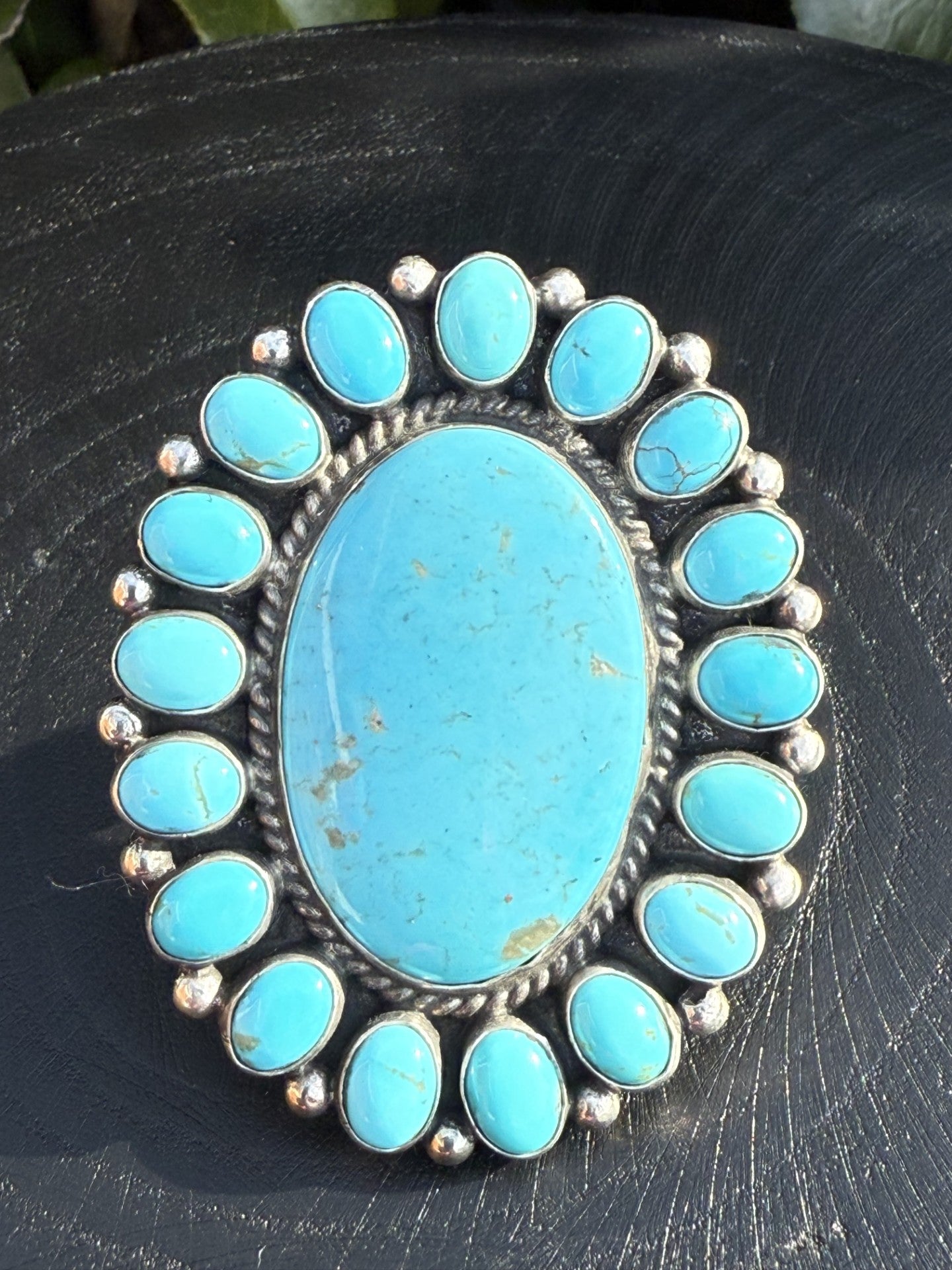 Kingman Turquoise Cluster Ring with blue stones and silver setting by Devin Brown