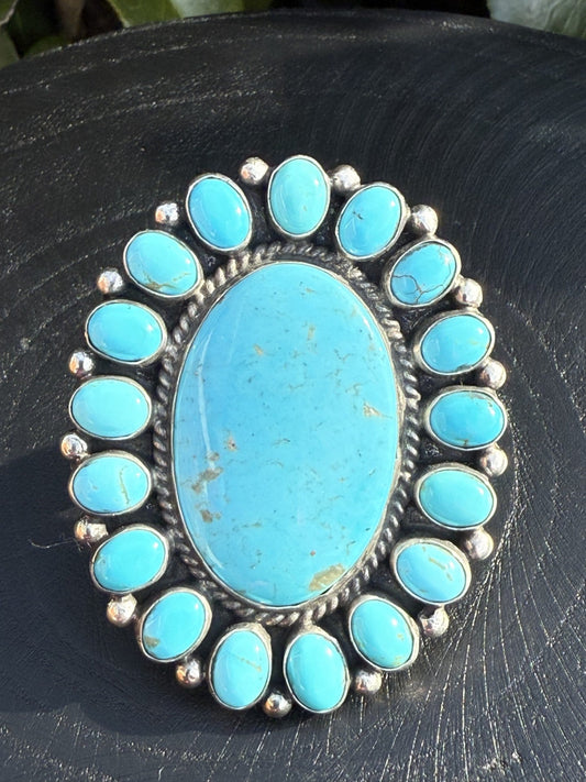 Kingman Turquoise Cluster Ring with blue stones and silver setting by Devin Brown