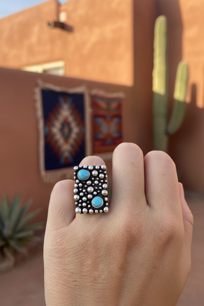Drop and Turquoise Adjustable Ring By  Zuni Artist Raymond Coriz