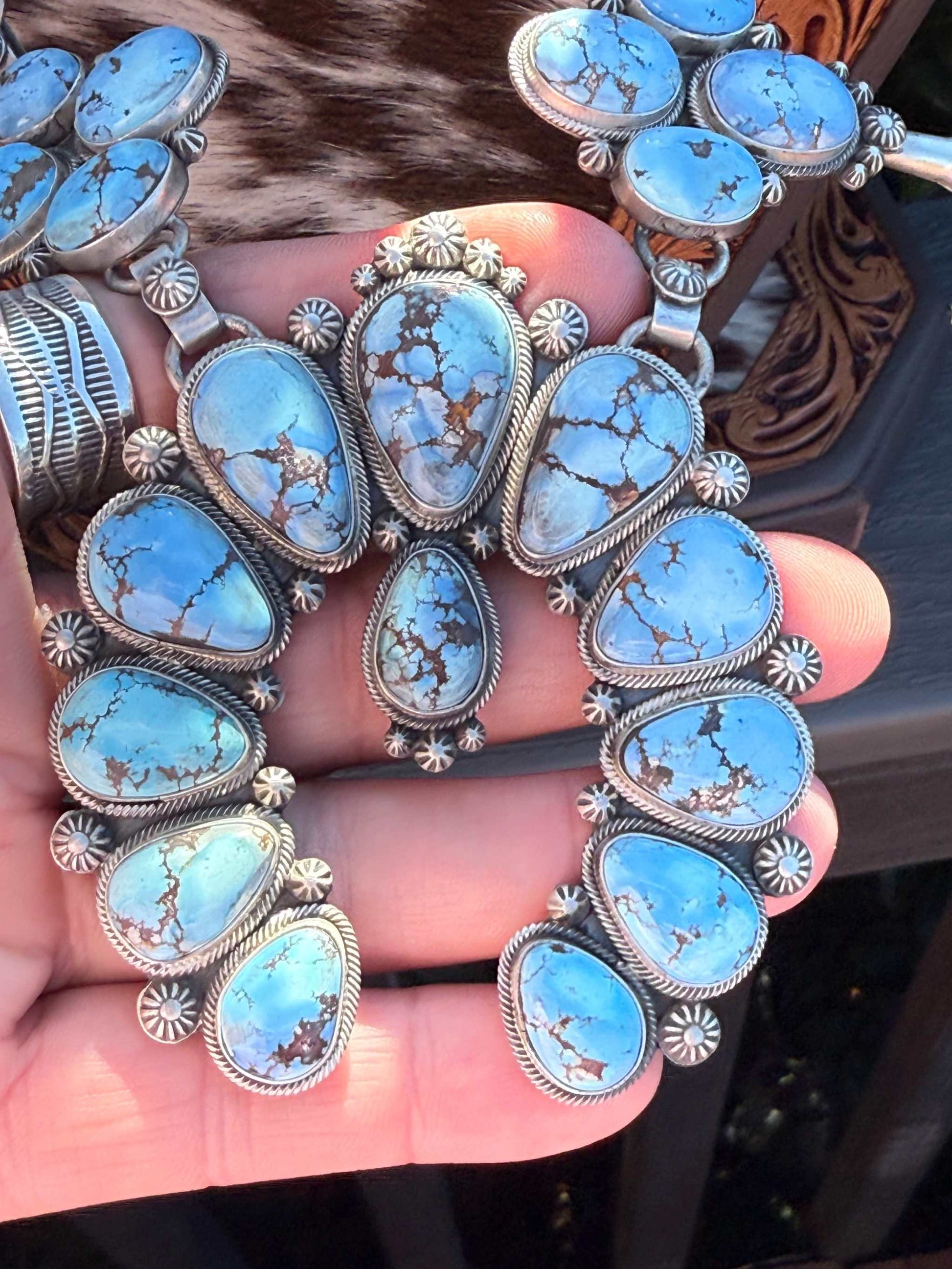 Golden Hills Squash Blossom turquoise and silver statement necklace with intricate design