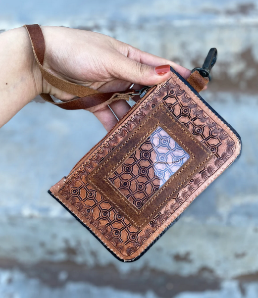 Flower Tooled Wristlet Pouch with Hand Tooled Leather Design