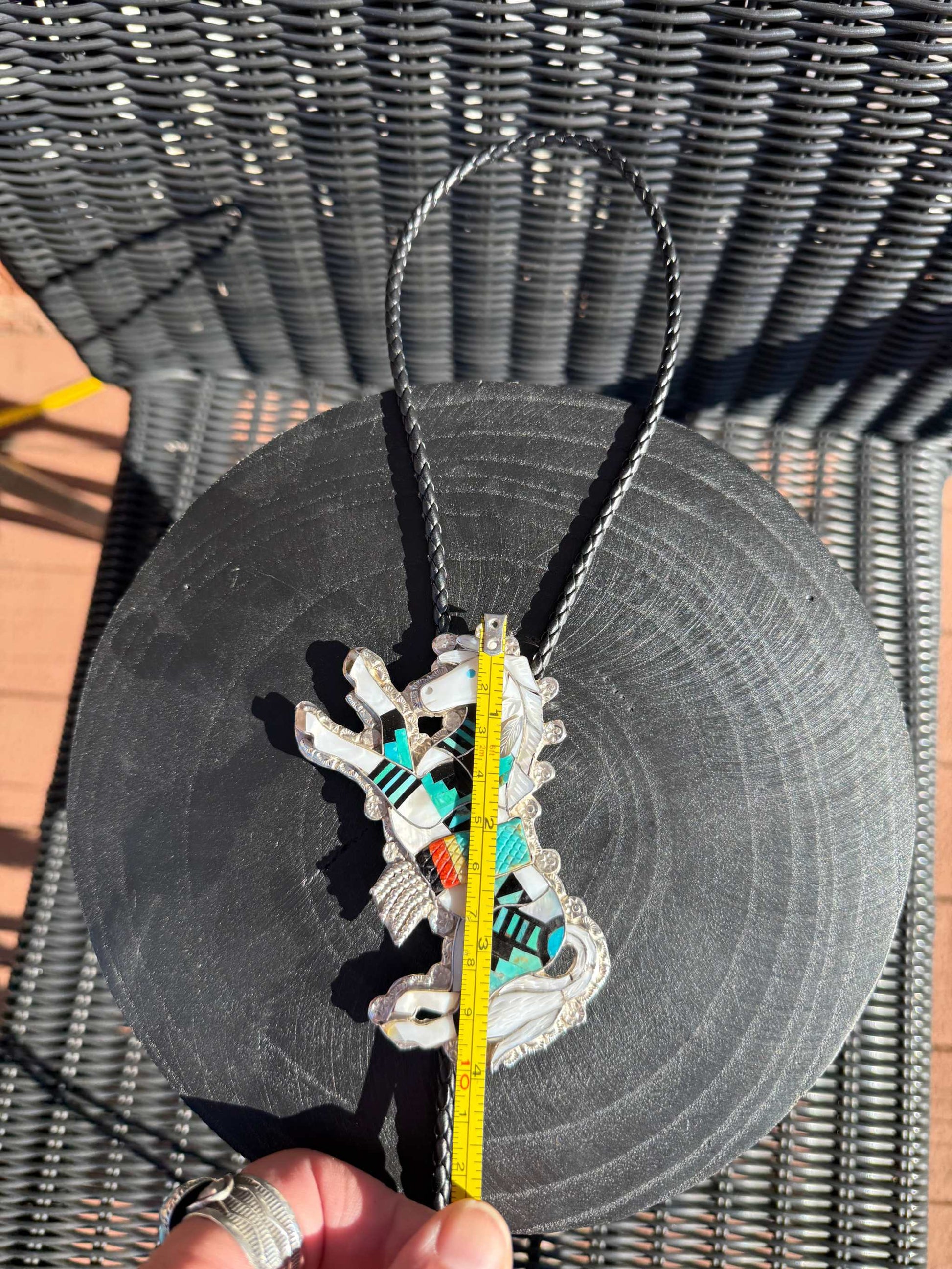 Eldred Martinez Horse Bolo necklace with multistone inlay measuring about 4 inches long on black braided cord