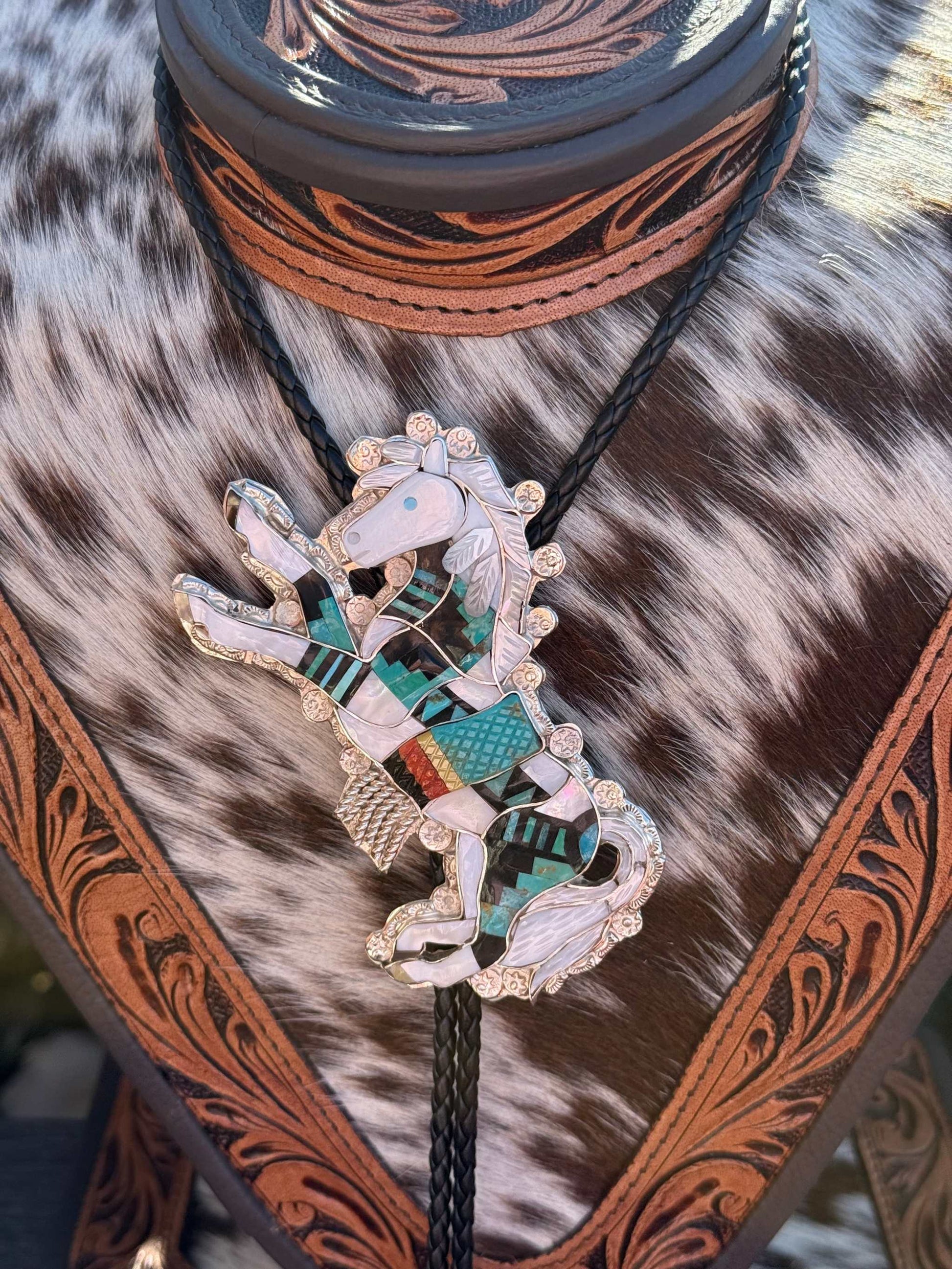 Eldred Martinez Horse Bolo with multi stone inlay Navajo made horse design