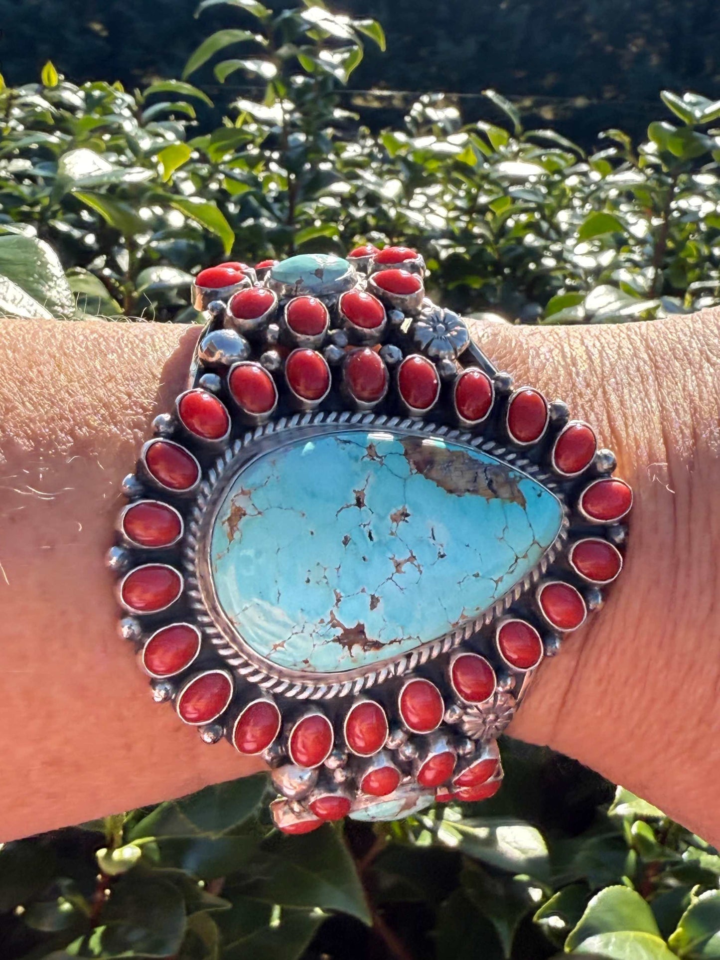 Tyler Brown cuff in Number eight Turquoise and  Mediterranean coral