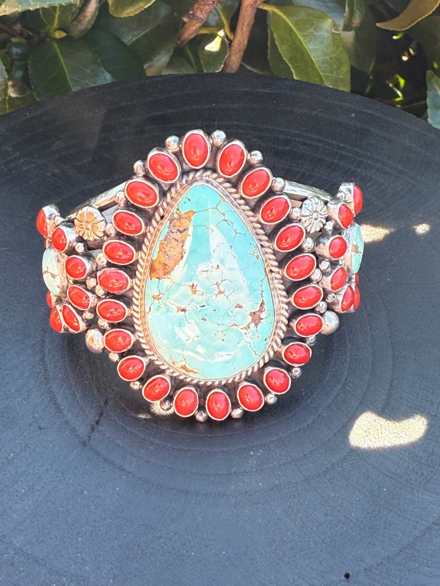 Tyler Brown cuff bracelet with Number Eight turquoise and Mediterranean coral stones in silver setting
